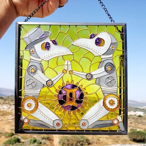 Steampunk Gemini znak zodiaku witraż, astrologia ścienna sztuka, unikalny wystrój Gemini, ręcznie robiony prezent zodiaku, malarstwo witrażowe