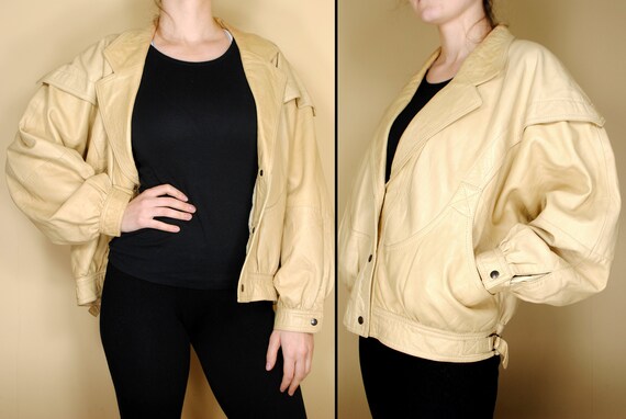 80s size M bomber jacket, beige leather jacket, be