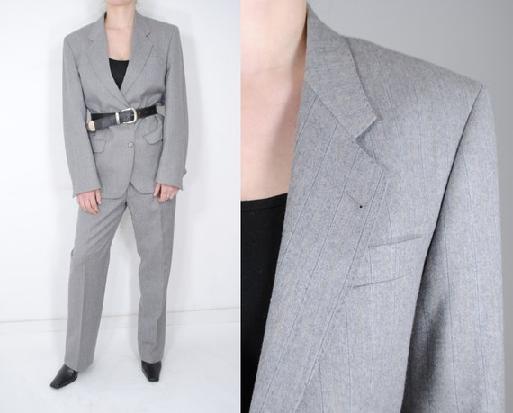 Vintage 70s Gray Wool Women Pant Suit, Wool Trouse