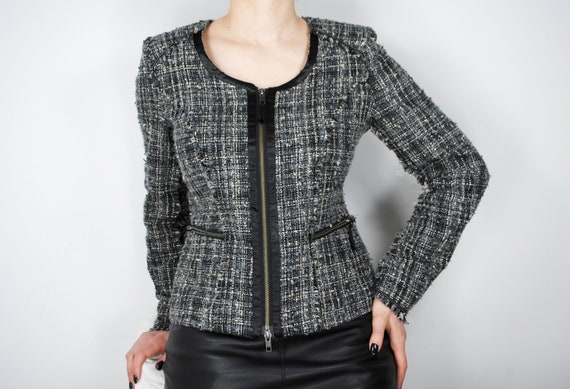 90s Chanel Inspired Gray Tweed Jacket, Vintage Col