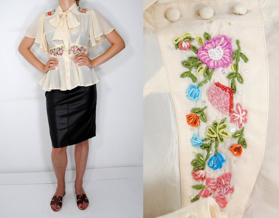 60s White Pure Silk Embroidered Blouse, Silk Bow B