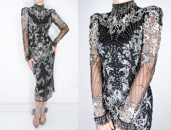Black high neckline sequin dress, Black long sleev