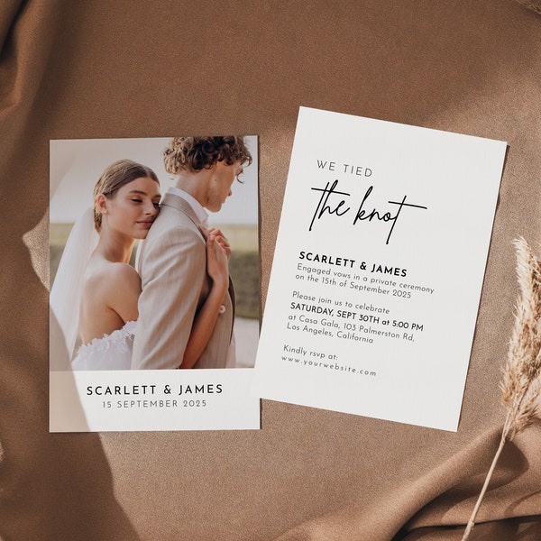Photo Elopement Announcement • Minimalist Wedding Reception Party Invitation Template • Modern We Tied the Knot Editable Invite SOULMATE