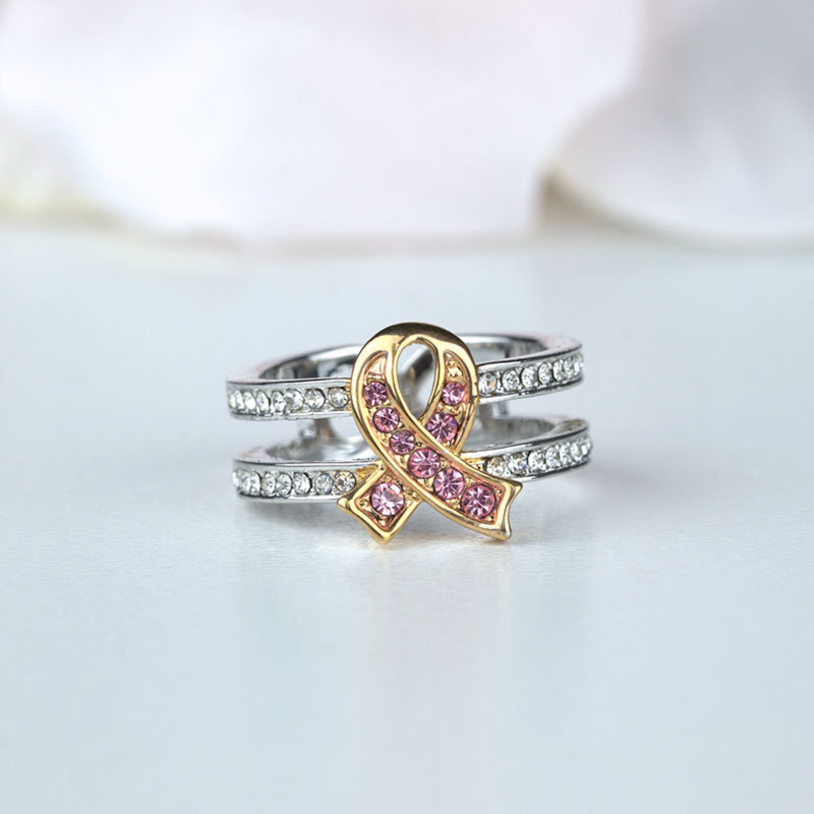 Two Tone Breast Cancer Ring Silver Awareness Pink Ribbon Ring Etsy