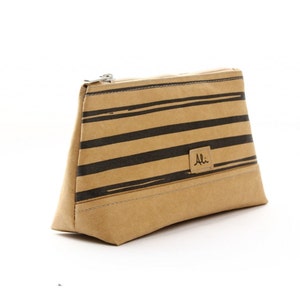 Trousse à cosmétiques en cuir végétalien, faite à la main en Tchéquie, papier lavable, kraft tex, snappap, papier de toilette, marron avec rayures noires