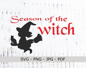 May include: A black silhouette graphic of a witch riding a broomstick with a cat, accompanied by the red text Season of the witch. Below the graphic, the text SVG - PNG - JPG - PDF is displayed on a light grey horizontal bar background.