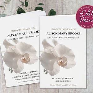 Könnte beinhalten: Eine weiße Orchideenblüte ist auf einem Trauerprogramm für Alison Mary Brooks abgebildet. Das Programm enthält die Daten ihrer Geburt und ihres Todes sowie Informationen über die Trauerfeier und das Bestattungsunternehmen.