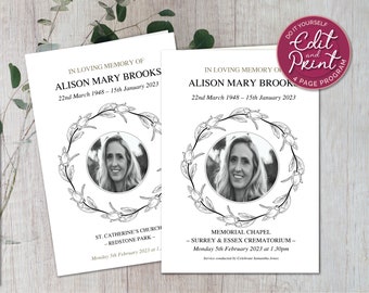 Può includere: Programma funebre in bianco e nero con una ghirlanda di fiori e una foto di una donna. Il programma include il nome Alison Mary Brooks, le date di nascita e di morte, e i dettagli del funerale presso la Chiesa di Santa Caterina e Redstone Park il lunedì 5 febbraio 2023.