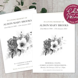 Floral Funeral Program Template, Mono Flowers Funeral Order of Service, Obituary Program, A Celebration of the Life of, Memorial Program