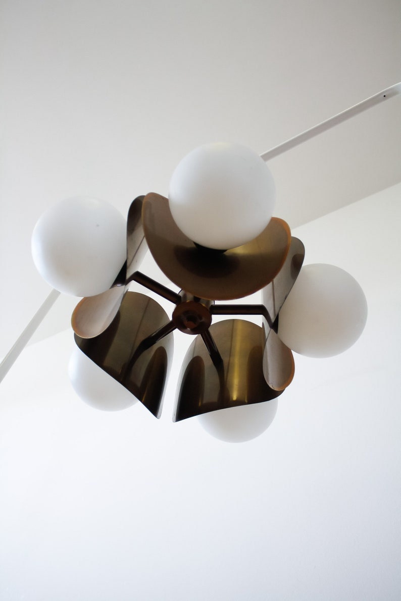 5 Lights Milky Globes Sputnik Raw Brass Hanging Chandelier Etsy