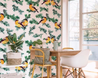 Sparrow With Flowers wall decor Repositionable Sparrow wall mural Reusable Removable MAF022 Peel and stick Leaves removable wallpaper