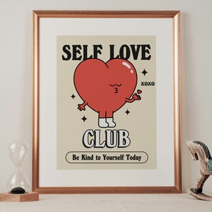 Retro Self Love Club, Vintage Colorful Illustration, Cute Dorm Room Prints, Large Trendy Poster, Groovy 80s, Positive Quote, UNFRAMED