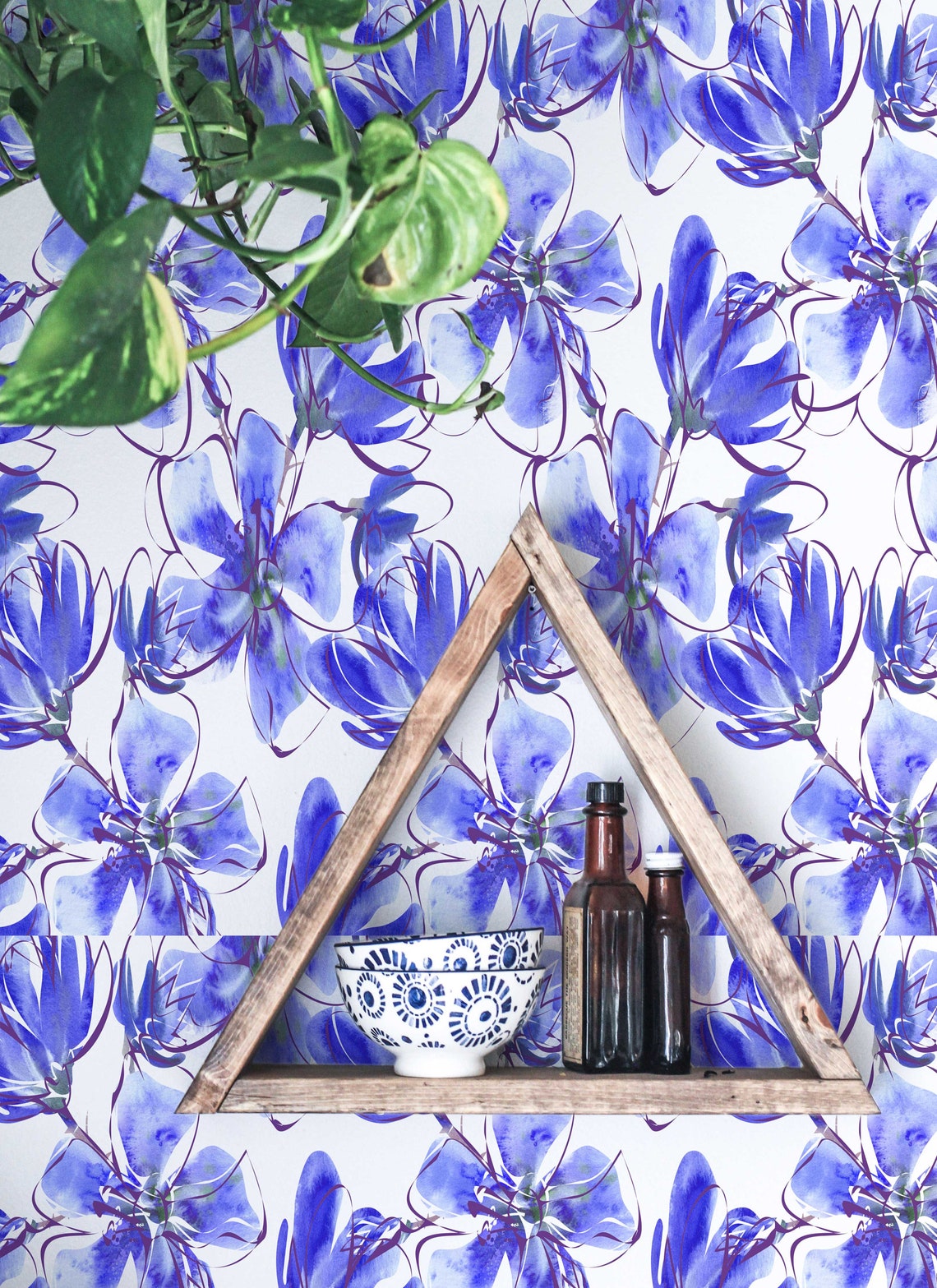 Blue Floral Wall Mural Selfadhesive Wallpaper Modern Etsy