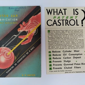 May include: A vintage pamphlet advertising "Patent Castrol" motor oil. The pamphlet features a green and white design with the text "What is Patent Castrol?" and a list of benefits, including reducing cylinder wear, oil consumption, and carbon deposit. The pamphlet also includes the company's name and address.