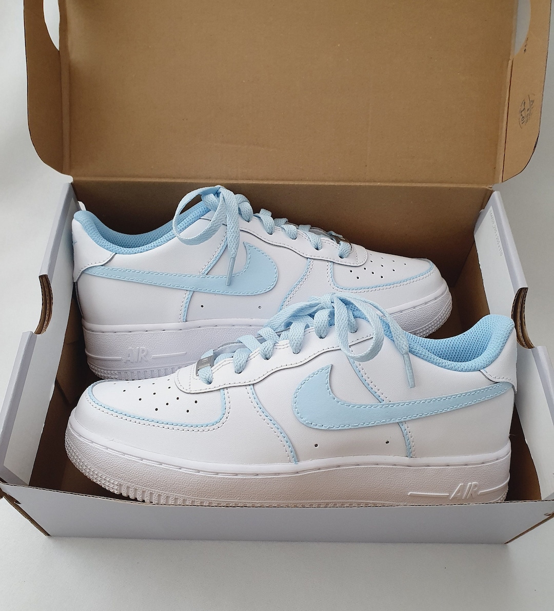 tan and baby blue air force ones