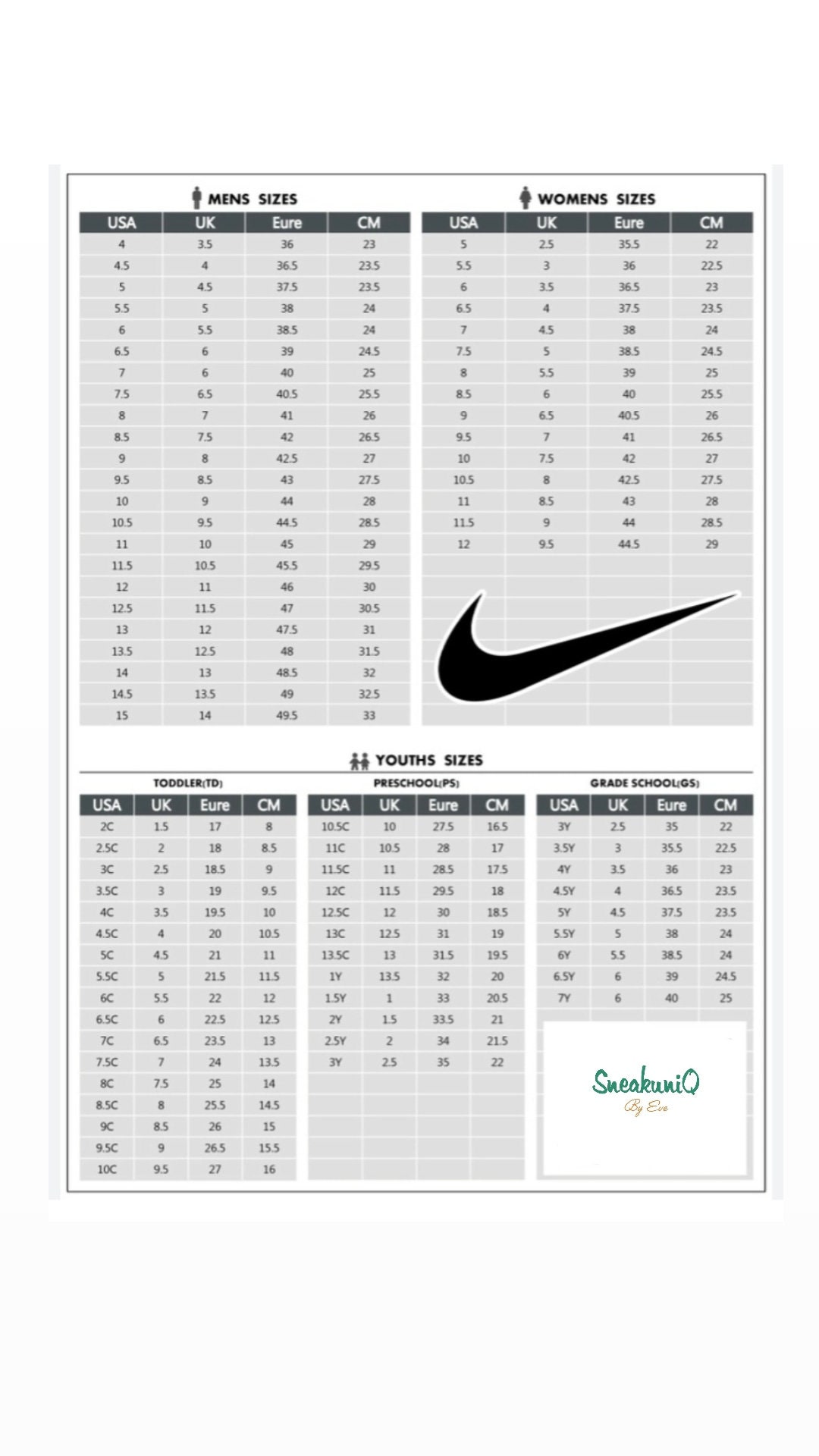 Nike roshe size chart sale