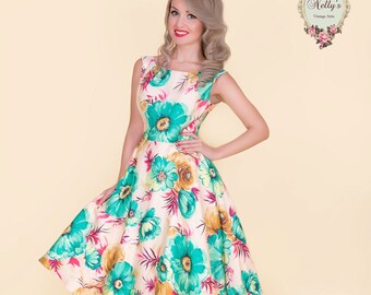 Betty Dress - Vibrant Green Floral Print 1950's Vintage Inspired Fit and Flare Cotton Summer Retro Style Summer Midi Classic Dress