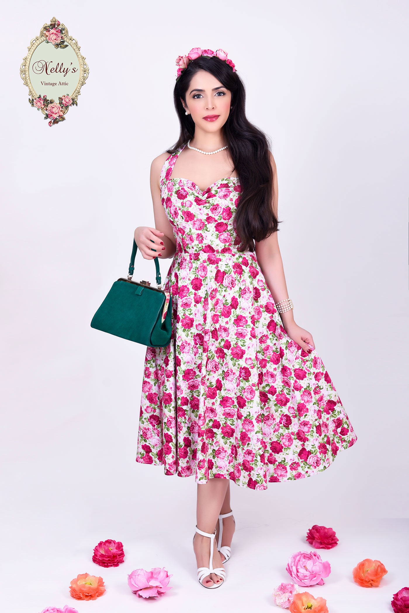 1950s Magenta Pink Rose Print Cotton Dress | M/L