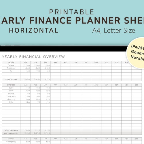 Yearly Finance Planner Sheet Printable Horizontal - Etsy