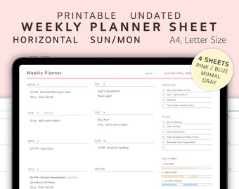 Undated Printable Weekly Planner Sheet Ver.2 Horizontal Digital A4 ...