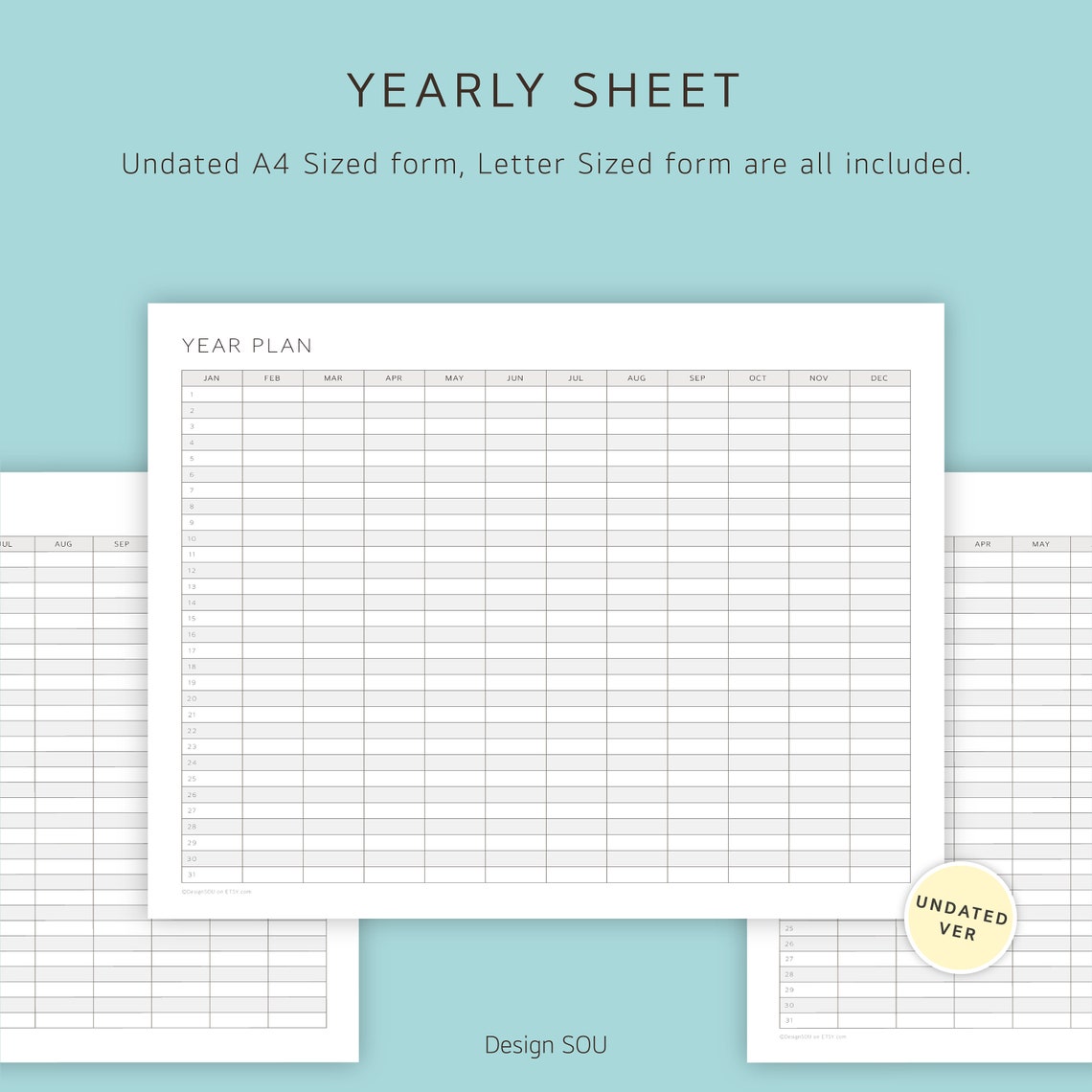 Undated Printable Yearly Planner Sheet Horizontal Digital A4 Letter - Etsy