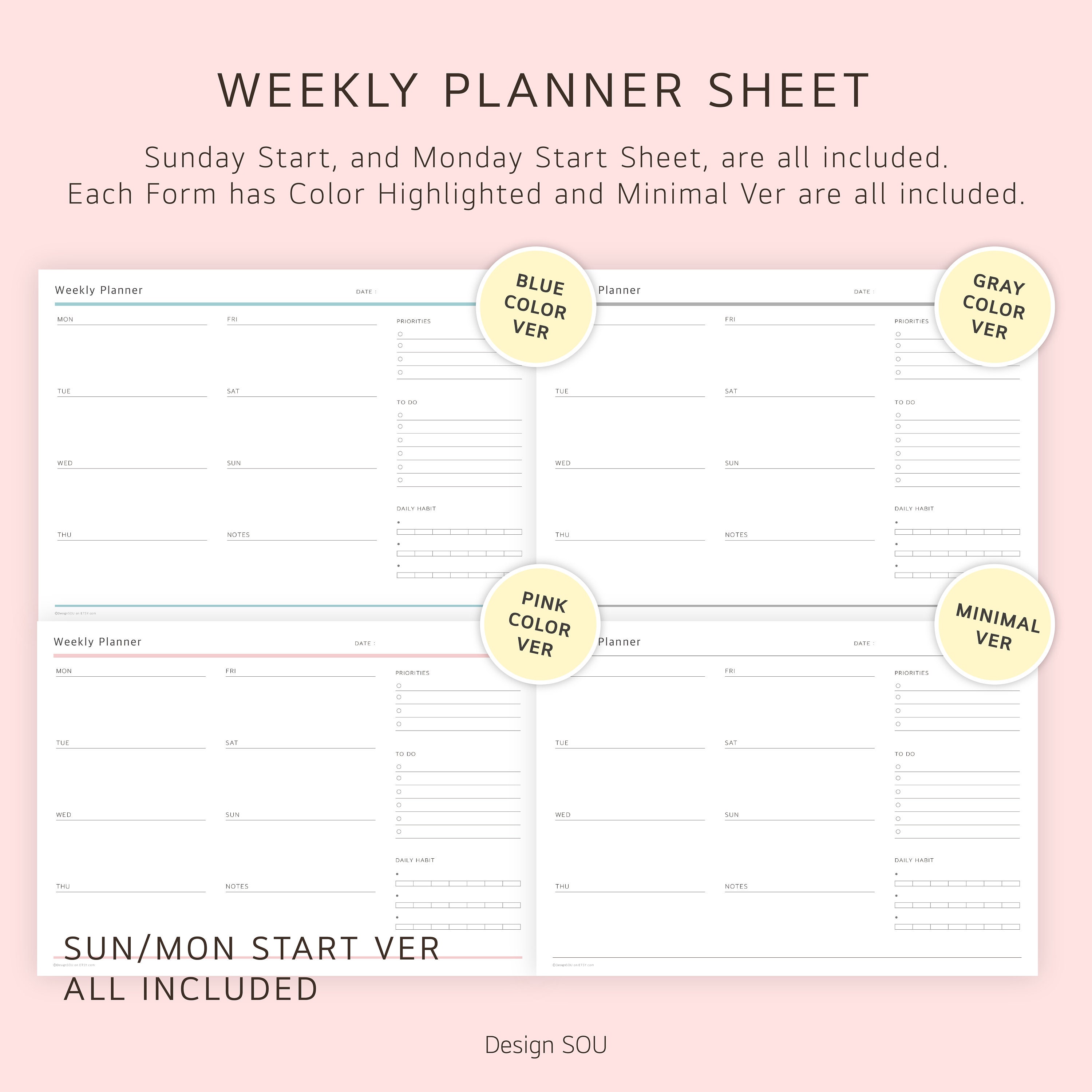 Undated Printable Weekly Planner Sheet Horizontal Digital Etsy Australia