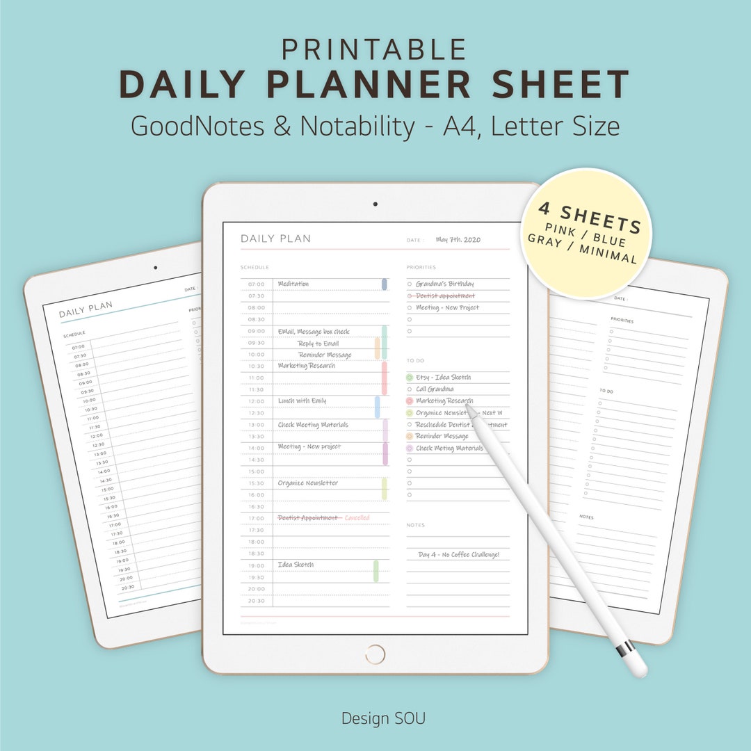 Daily Hourly Planner Sheet | Undated Printable | Digital | A4 + Letter ...