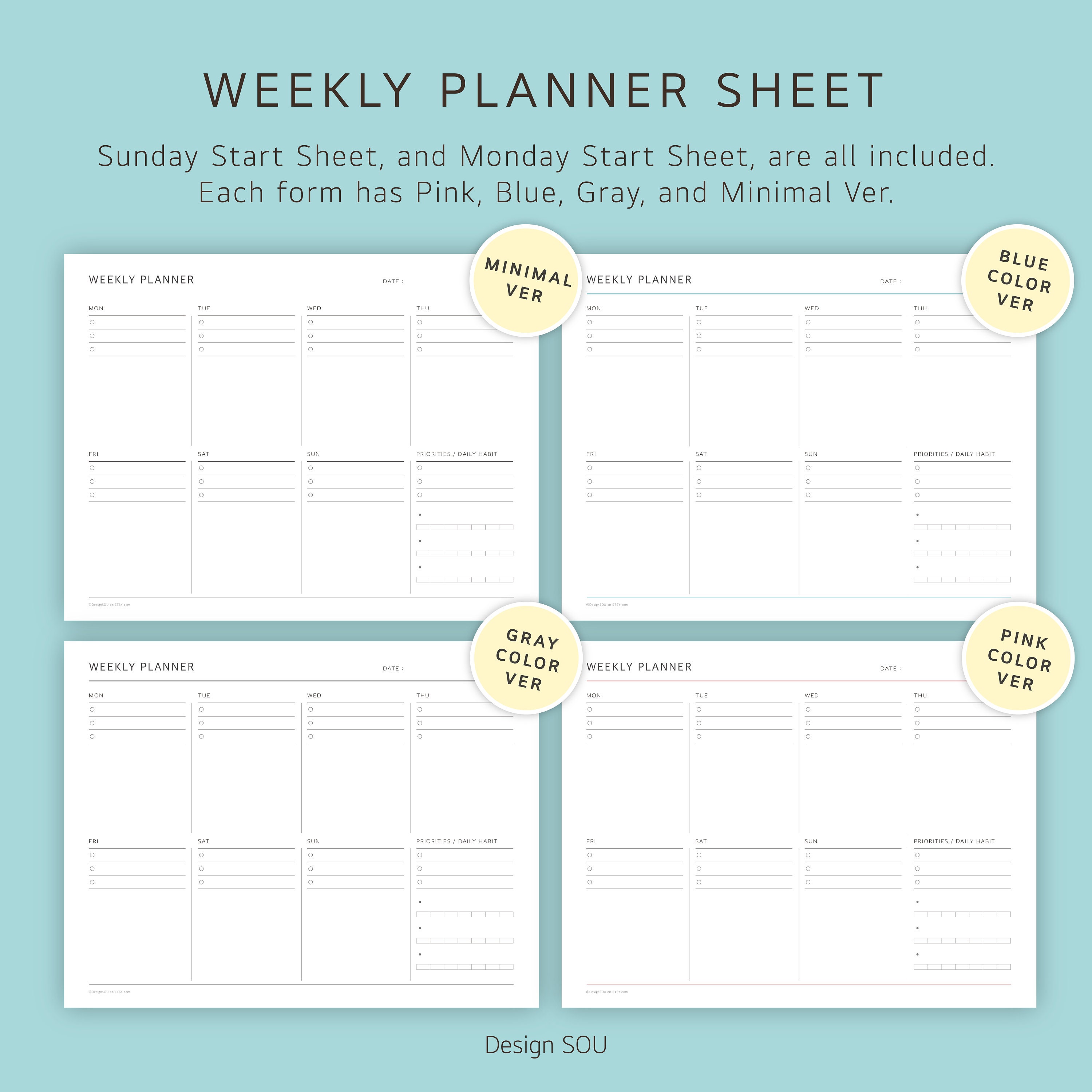 Undated Printable Weekly Planner Sheet Ver.2 Horizontal - Etsy UK