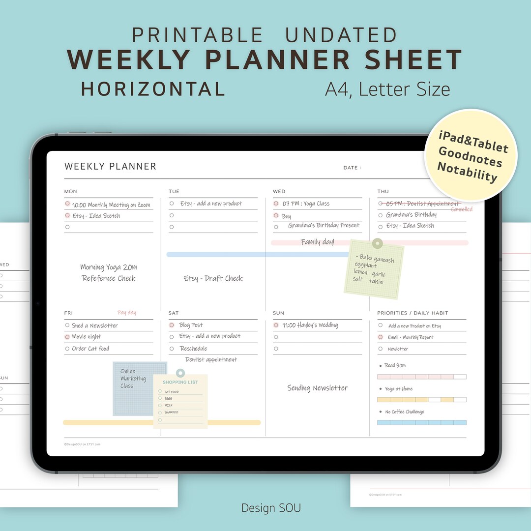 Undated Printable Weekly Planner Sheet Ver.2 Horizontal Digital A4 ...