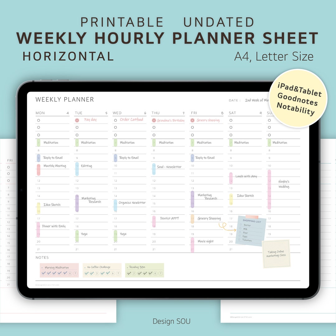 Undated Printable Weekly Hourly Planner Sheet | Horizontal | Digital ...
