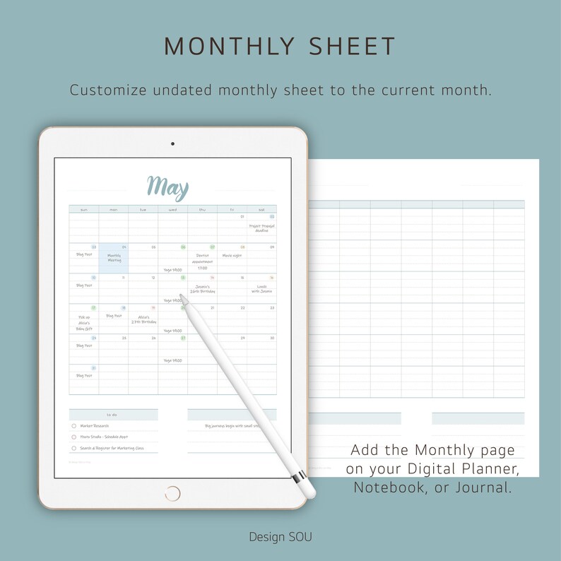 Digital Monthly Planner Sheet for iPad Undated Calendar Goodnote