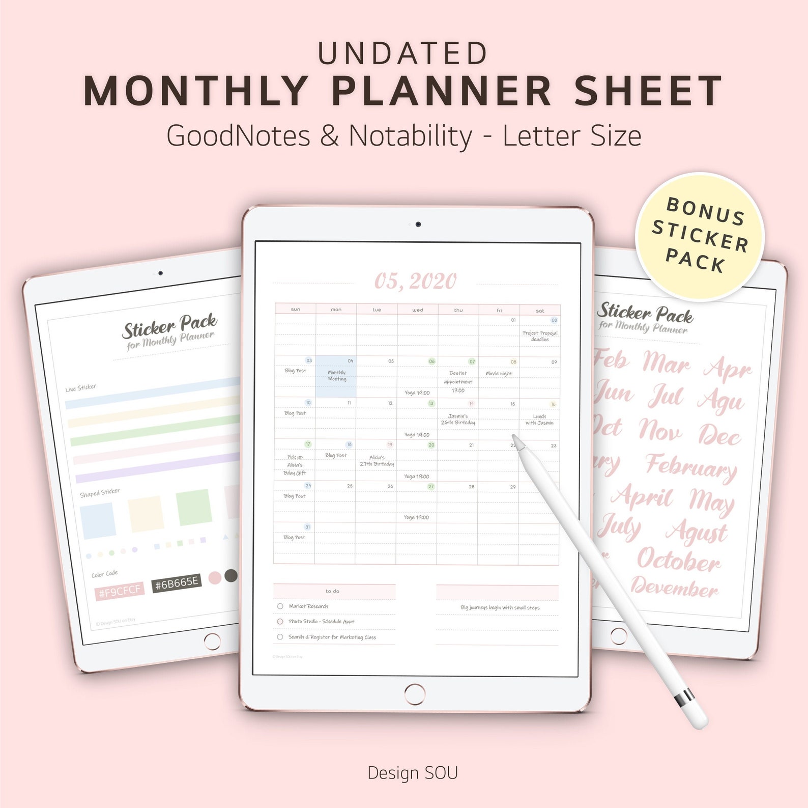 Digital Monthly Planner Sheet for iPad Undated Calendar Goodnote