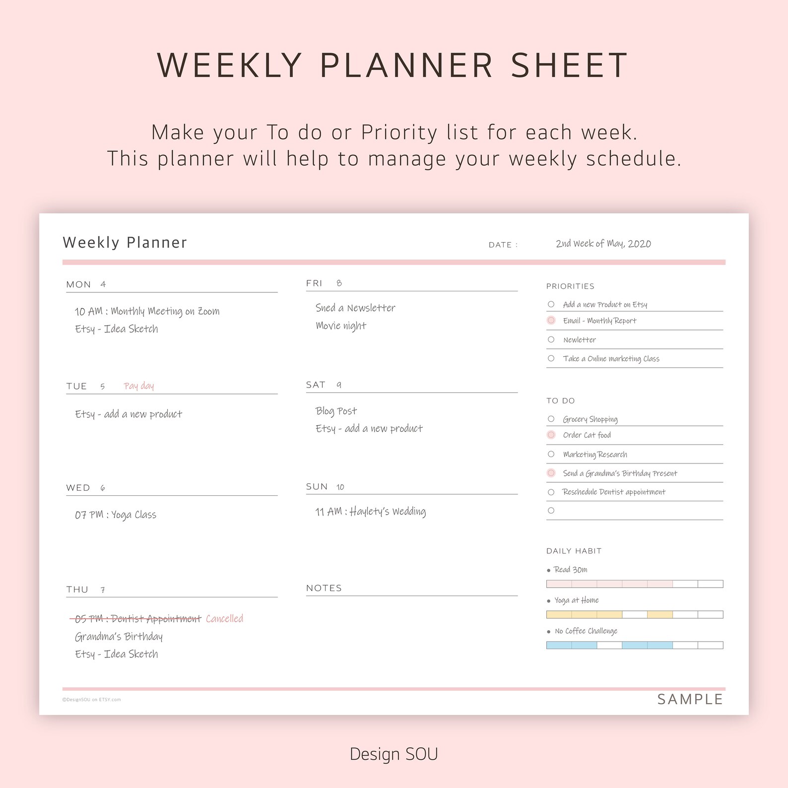 Undated Printable Weekly Planner Sheet Horizontal Digital - Etsy