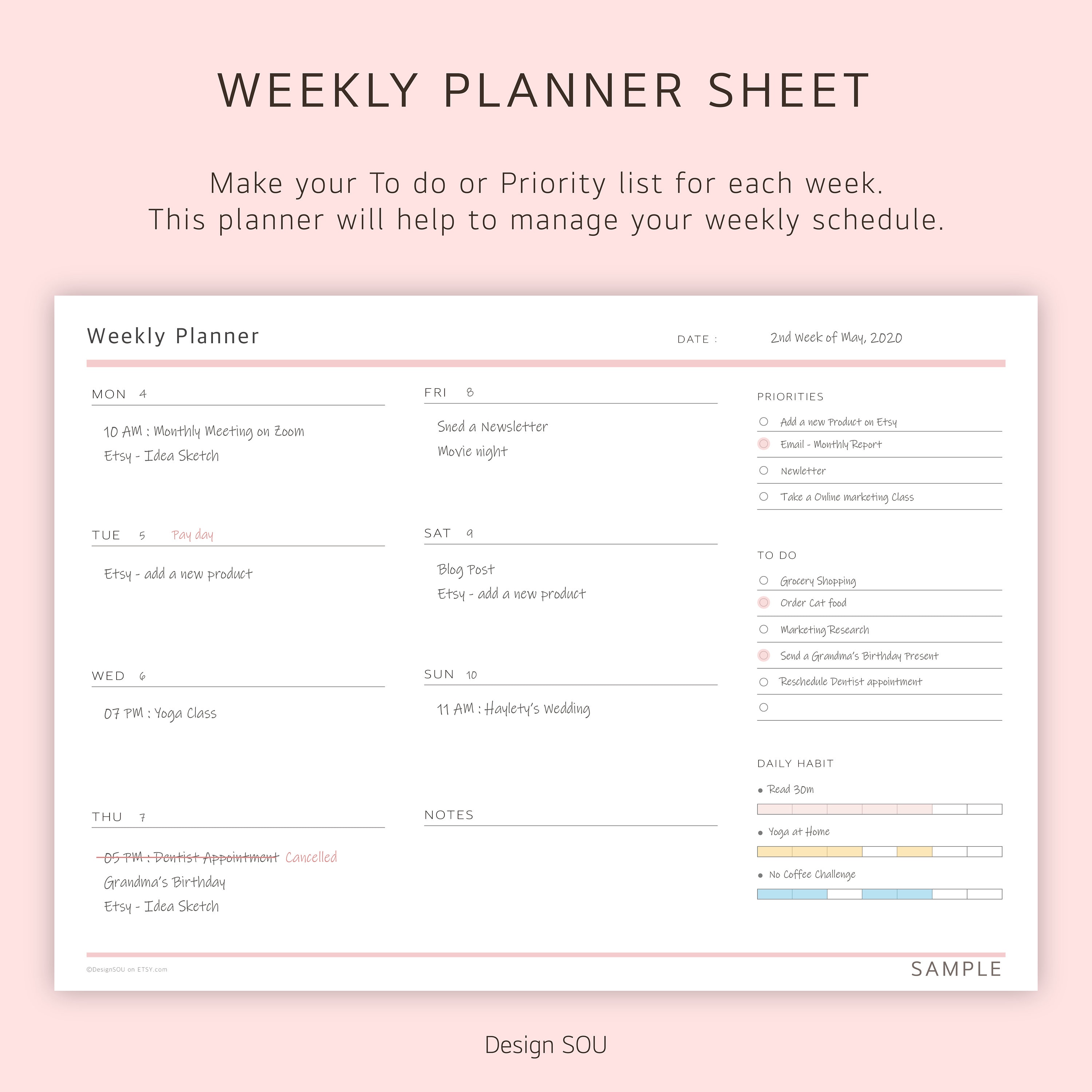 Undated Printable Weekly Planner Sheet Horizontal Digital - Etsy