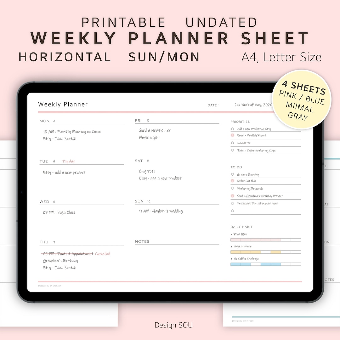 Undated Printable Weekly Planner Sheet | Horizontal | Digital | A4 ...