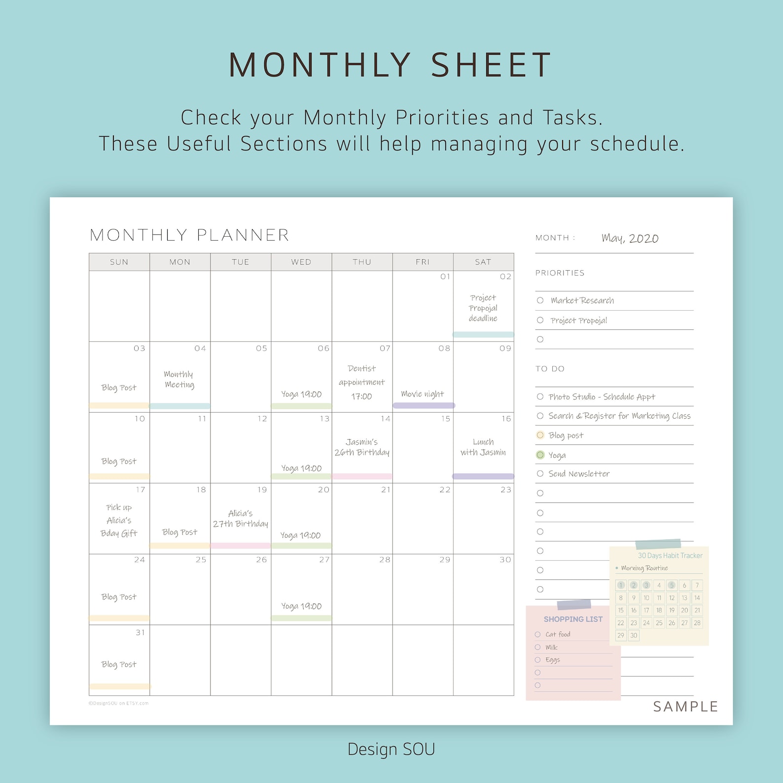 Undated Printable Monthly Planner Sheet Landscape Digital - Etsy