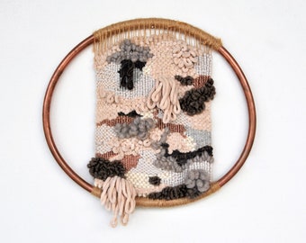 Circular hoop woven wall art, Contemporary round handwoven wall hanging, weaving wall decor