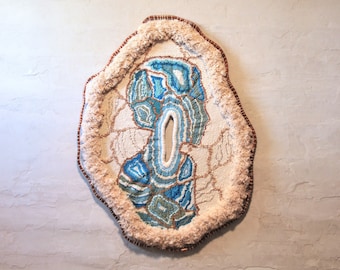 Handwoven wall art, portrait wall hanging, Organic shape fiber art, wall décor, textured 3D weaving, Kintsugi blue - off white Agate