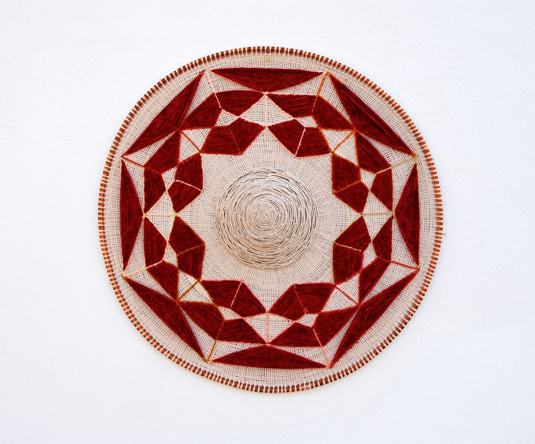 Handwoven Circular Wall Art, Contemporary Wall Hanging, Round Fiber Art, Red Mandala, Wall Décor ...