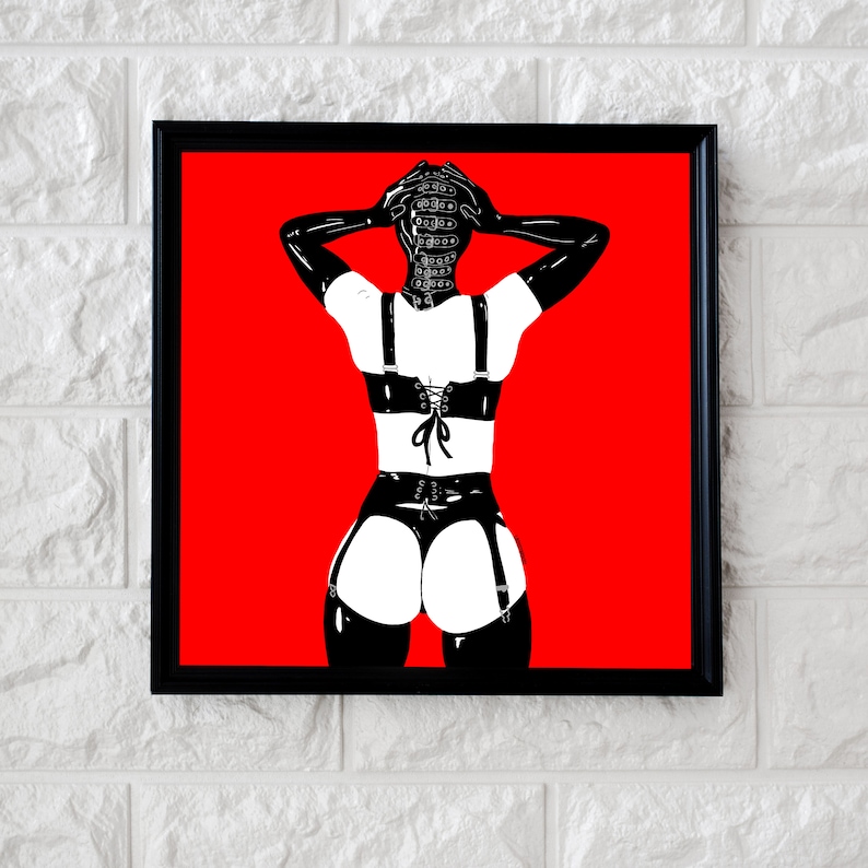 May include: A black and white illustration of a person wearing a black leather outfit with straps and buckles. The person is standing with their arms raised above their head, and the background is red.