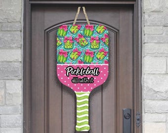 Różowo-zielona dekoracja drzwi Pickleball, projekt cyfrowy do sublimacji