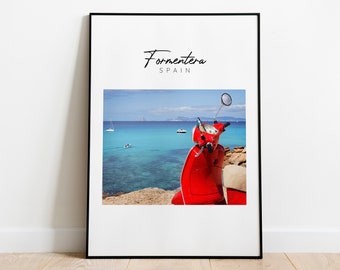 Red Vespa on Formentera island - Spain Travel Poster | Travel Photo Prints for download |  | Perfect to decorate your house, Airbnb or STR!