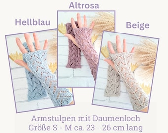 Armstulpen gestrickt für Damen, erhältlich in hellblau altrosa beige, Pulswärmer Größe S, Handstulpen mit Daumenloch