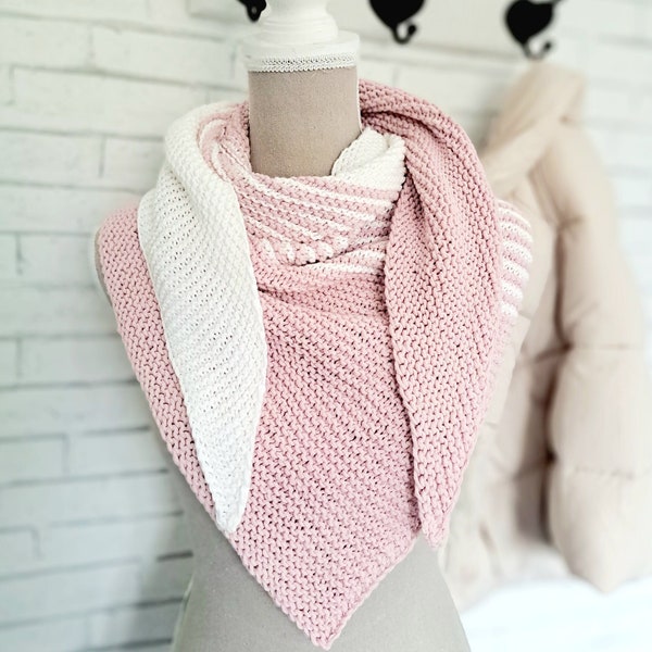 Knitted triangular scarf for women, soft scarf pink white, knitted scarf without animal wool, hand-knitted scarf for spring