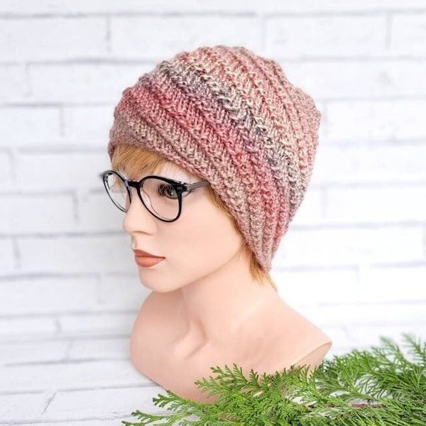 Mütze gestrickt für Damen, Strickmütze beige rost rosa Farbverlauf  M - L, Handgestrickte Beanie, Damenmütze mit Wolle für Fußgängerinnen