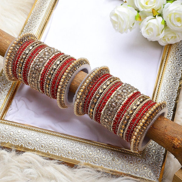 Bridal Punjabi Pacheli kada chuda set, Indian bangles pearls beaded chura, pakistani party wear eid stone work bangles, Indian Jewelry