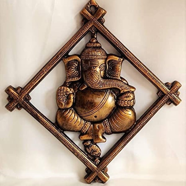 Lord Ganesha Square Frame Wall Hanging Showpiece for Entrance Door, Living Room Metal Decorative Wall 30x2x32 CM (Brown)