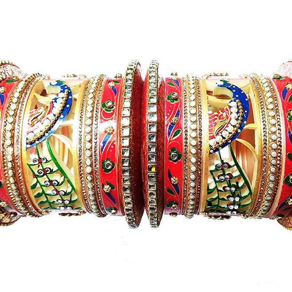 Traditional Rajawada Bridal Chura, Peacock Cutting Design Rajputi Chuda Set for Girls / Women - Bridal Bangles Set