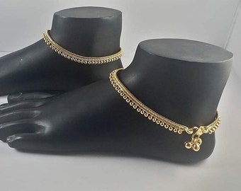 Thin Size Gold Plated & Brass Stylish Kolusu Ghungroo Golden Anklets, Handcrafted Anklets, Indian anklet, Gold ankle bracelet pair for women