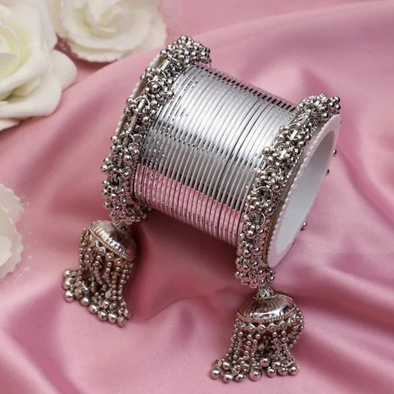 Shinning Ghungroo Bangle Set With Silver Tassel Bangles Latkan